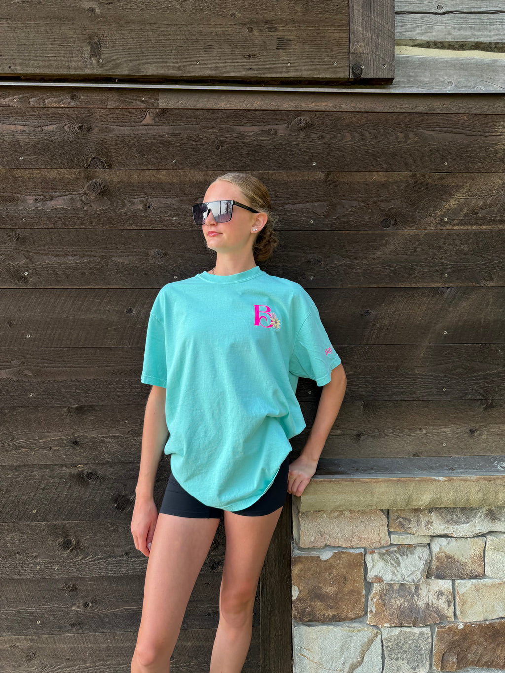Flower Sparkle Teal Oversized Tee