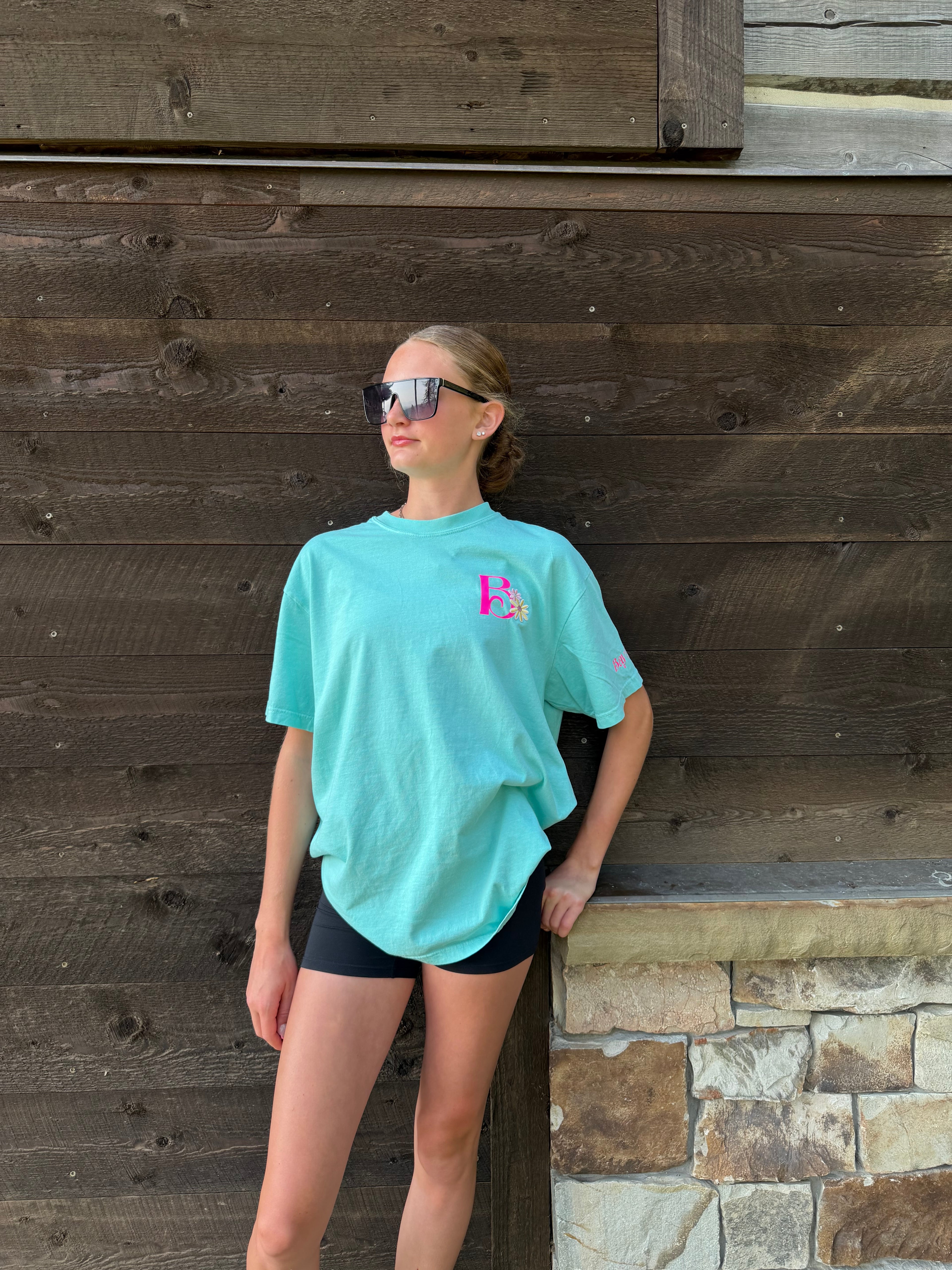 Flower Sparkle Teal Oversized Tee